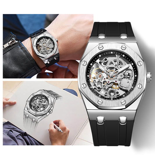 Men's Silver Skeleton Automatic Watch | Octagonal Brushed Case Exposed Movement Black Rubber Strap Royal Oak Style