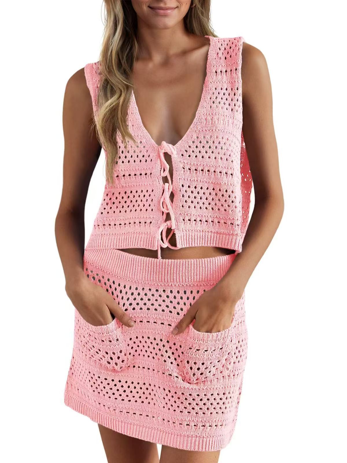 Crochet Hollow Out Mini Dress Women | V-Neck Tie Front Knit Beach Cover Up Dress