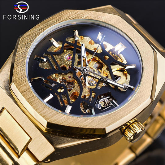 FORSINING Skeleton Automatic Men's Watch | Silver Octagonal Case Full Openwork Mechanical Steel Bracelet Watch