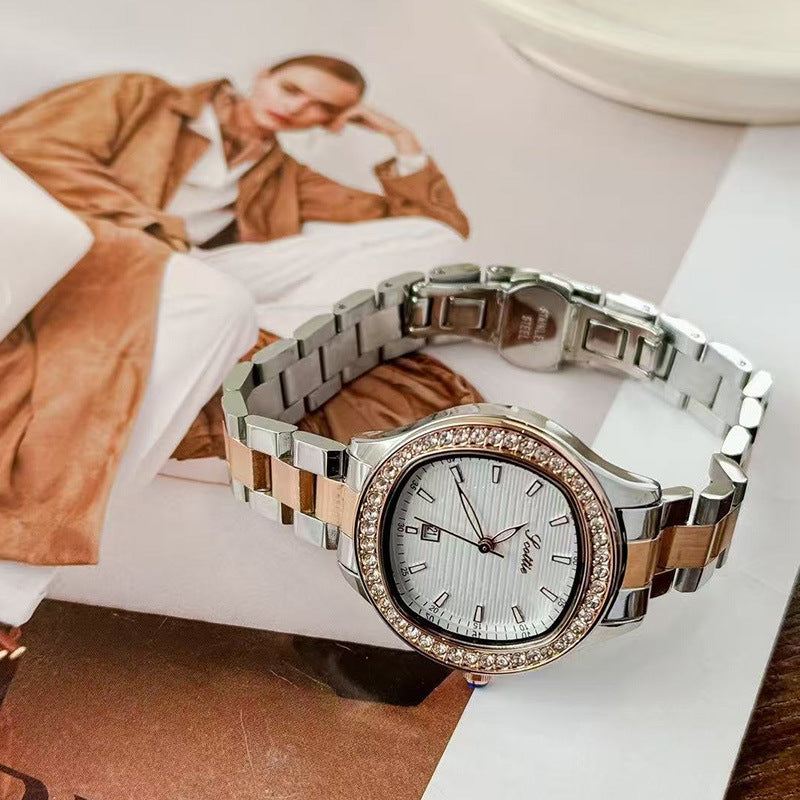 Scottie Crystal Bezel Watch Women | Silver Textured Dial | Black Crocodile Leather Strap | Date Display Elegant Dress Watch