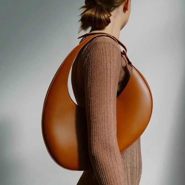 Black Leather Crescent Shoulder Bag for Women | Oversized Hobo Moon Bag Minimalist Tote