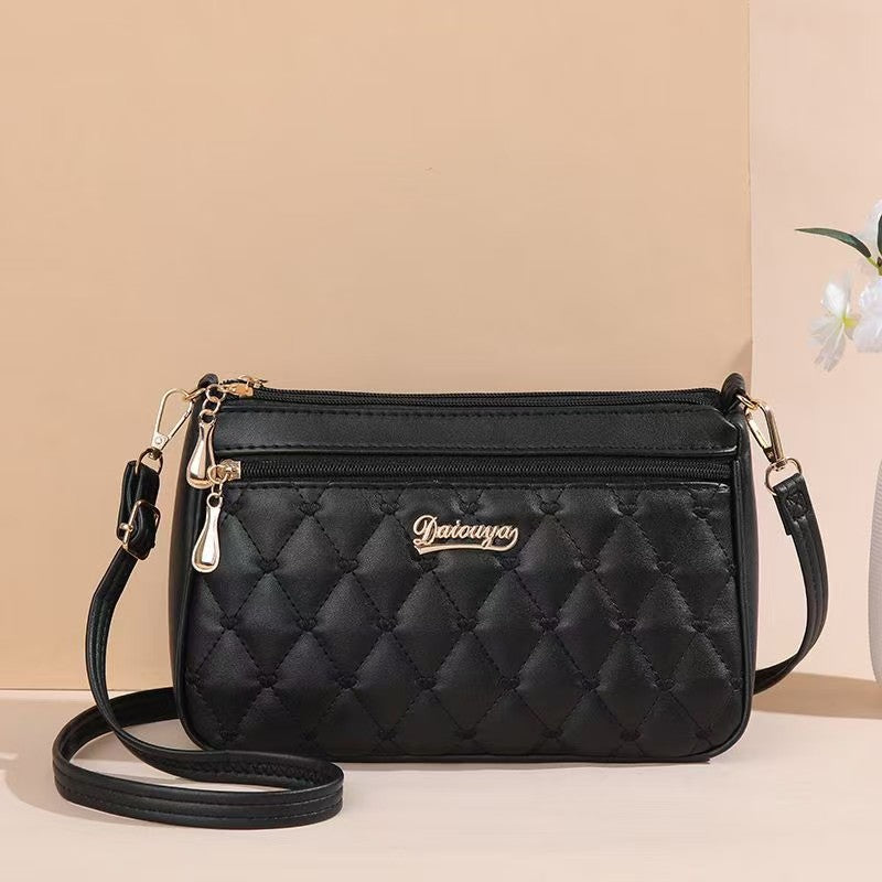Navy Blue Quilted Crossbody Bag - Diamond Pattern Shoulder Bag with Double Zipper | Structured Small Purse with Gold Hardware