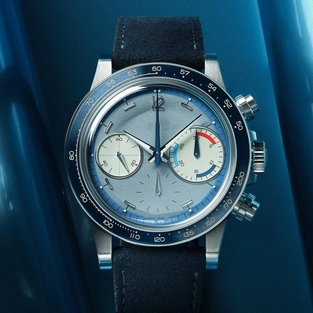 Hochleistungs-Leuchtchronograph für Herren | Sportuhr mit orange-türkisfarbenen Leuchtzeigern und Canvas-Armband