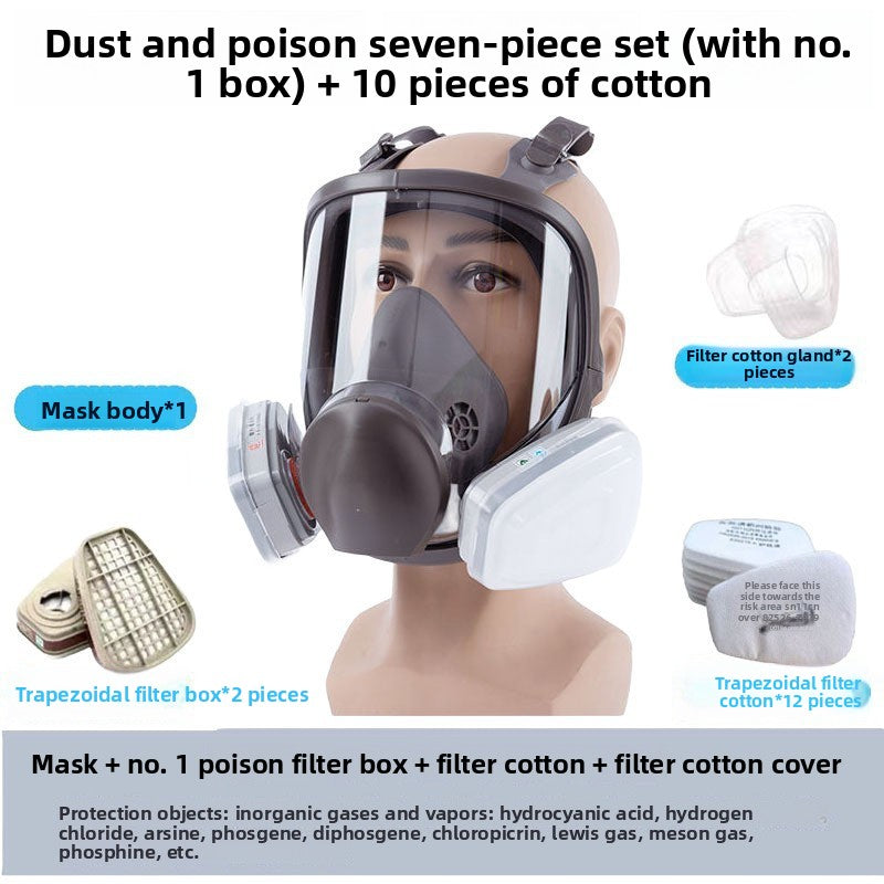 Full Face Respirator Gas Mask 7-Piece Set with No.3 Filter Box & 10 Filter Cotton | Industrial Chemical Protection Mask
