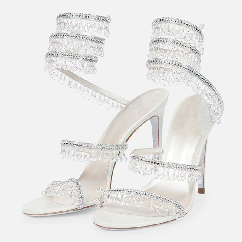 Champagne Nude Crystal Rhinestone Teardrop Fringe Spiral Wrap-Around Ankle Stiletto Sandals | Ultra Luxury Bridal Evening Heels for Women