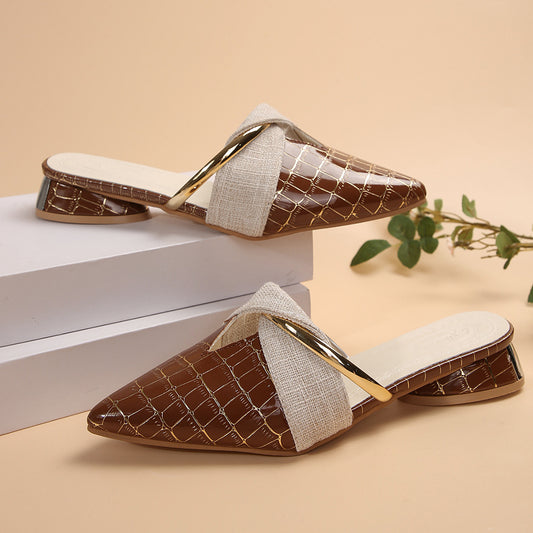 Croc Embossed Pointed Toe Mule Flats | Beige Gold Ring Slip-On Flat Shoes | Women's Luxury Casual Backless Loafer Mules