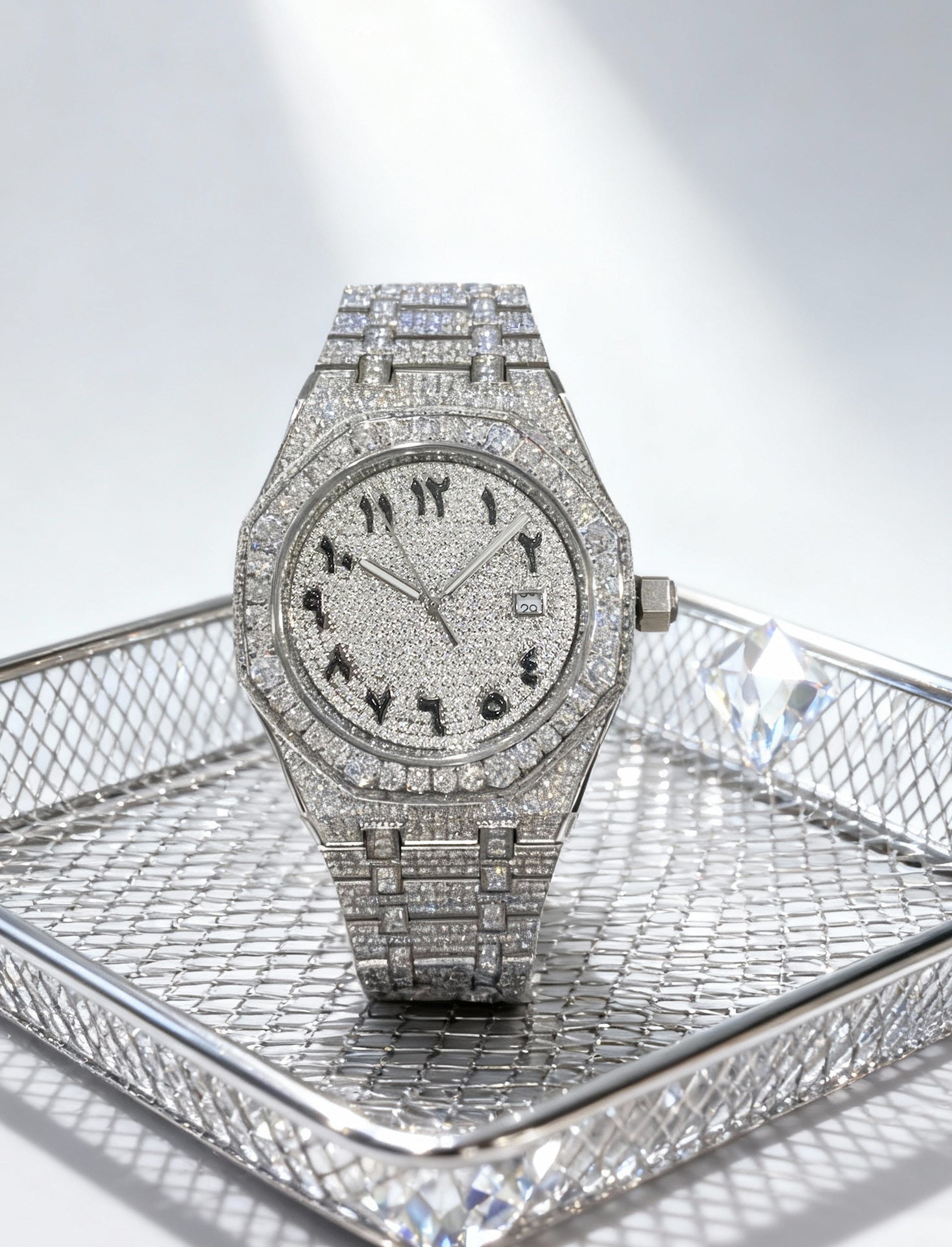 Iced Out Full Diamond Watch | Arabic Numeral Rose Gold Octagonal Bezel | Luxury Hip Hop Baguette & Paved Crystal Men's Watch