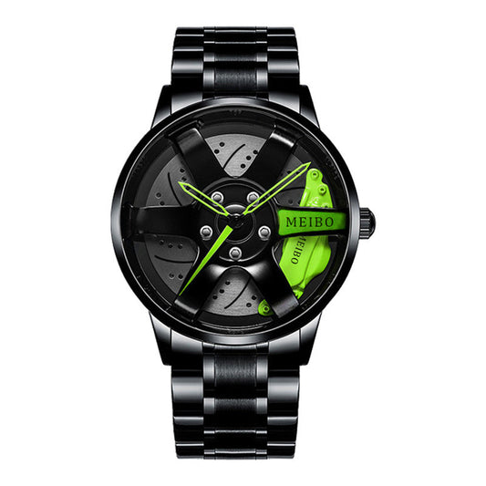 MEIBO Spinning Rim Watch Men | 3D Black Wheel Dial Red Brake Caliper | All Black Steel Bracelet | Car Enthusiast Racing Watch