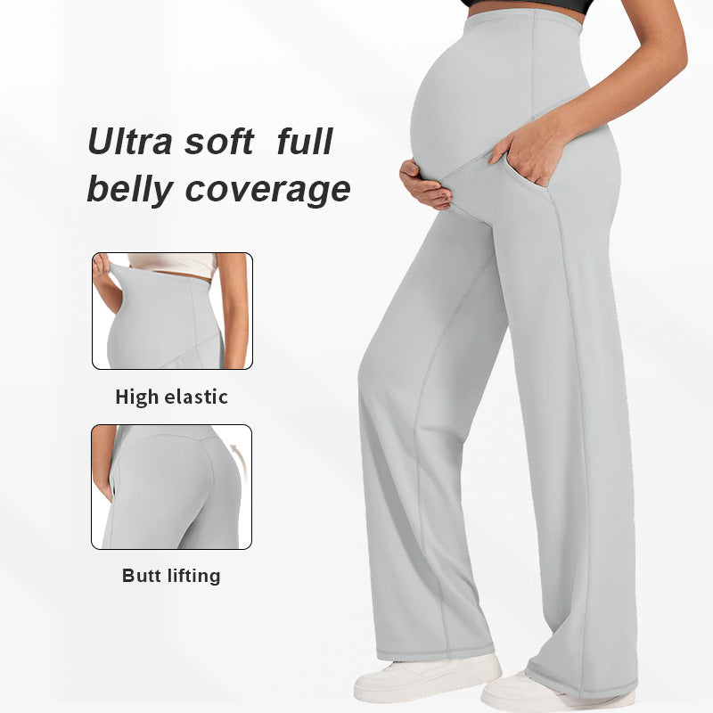 High Waist Maternity Wide Leg Pants with Pockets | Butt Lifting High Elastic Over Bump Pregnancy Trousers | Flowy Casual Lounge Pants | All Trimesters | Brown