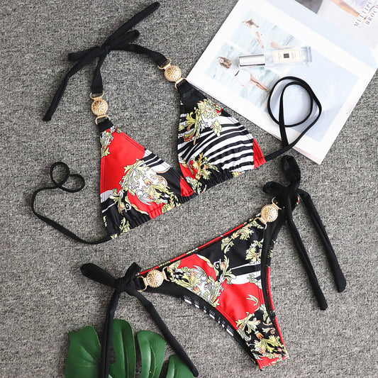 Baroque Gold Chain Print Three Piece Bikini Set | Triangle Top Thong & Long Kimono Cover Up | Luxury Designer Inspired Swimwear Women