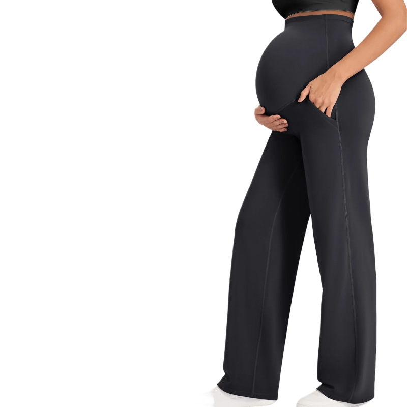 High Waist Maternity Wide Leg Pants with Pockets | Butt Lifting High Elastic Over Bump Pregnancy Trousers | Flowy Casual Lounge Pants | All Trimesters | Brown
