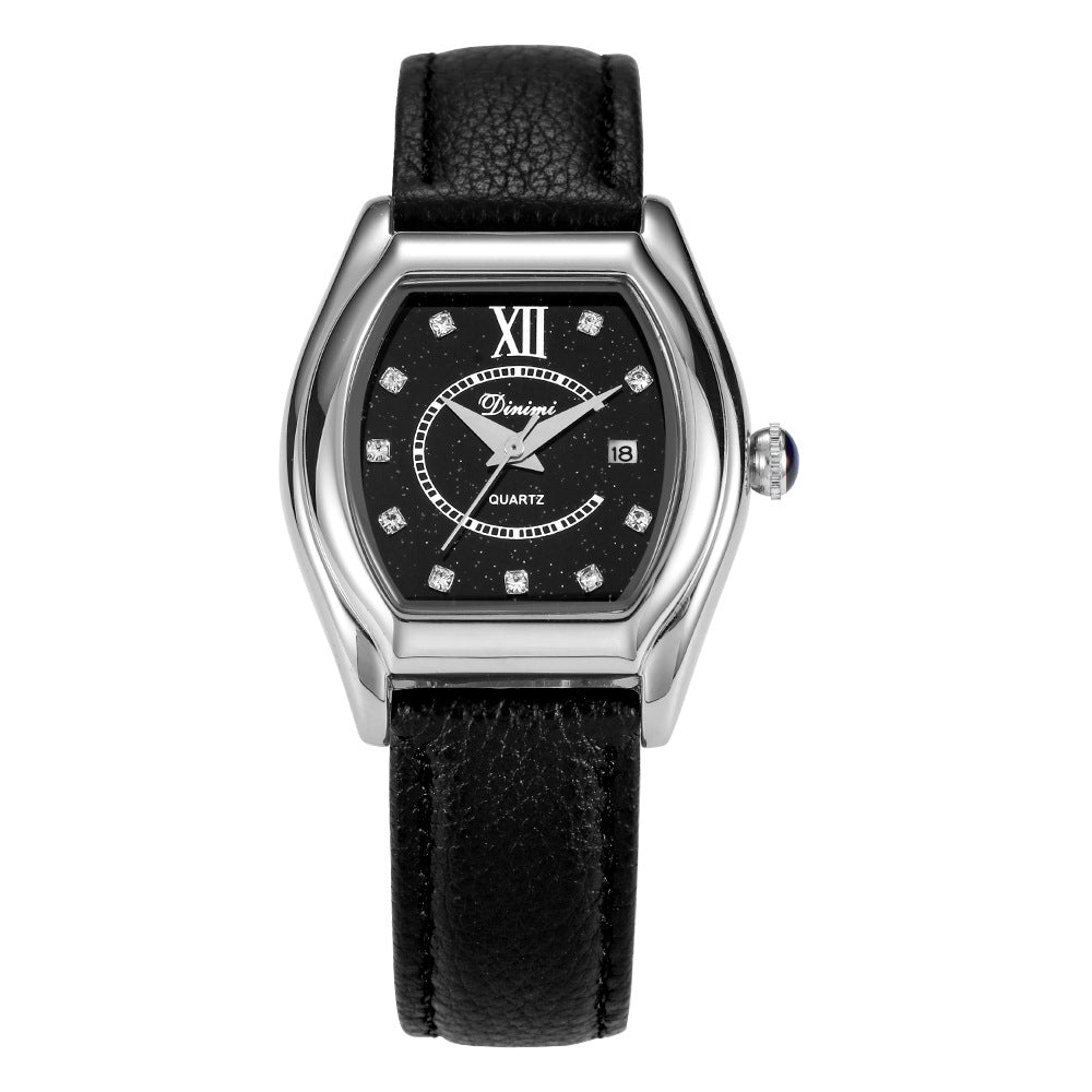 Dinimi Tonneau Watch Women | Black Starry Crystal Dial | CZ Diamond Markers Roman Numeral | Silver Case Black Leather Date Watch