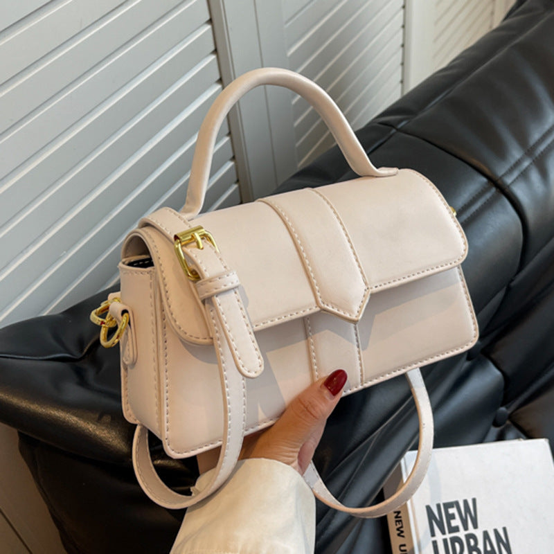 Cream Beige Leather Crossbody Bag with Gold Hardware | Small Structured Handbag