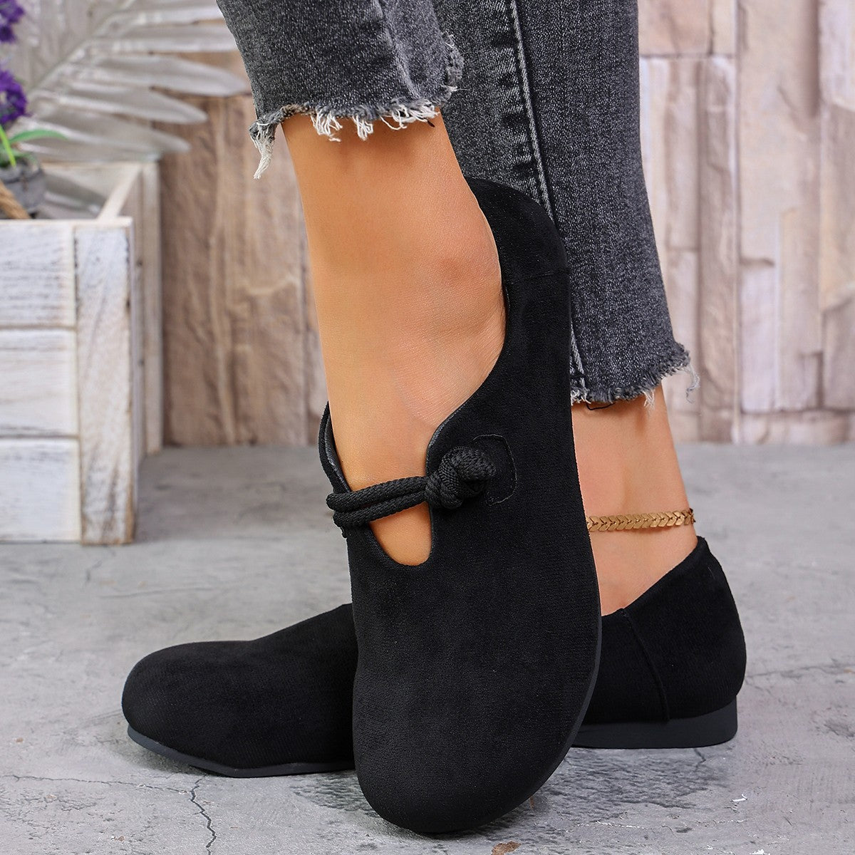 Women's Beige Suede Rope Knot Mary Jane Flats ? Minimalist Slip-On Round Toe Casual Shoes