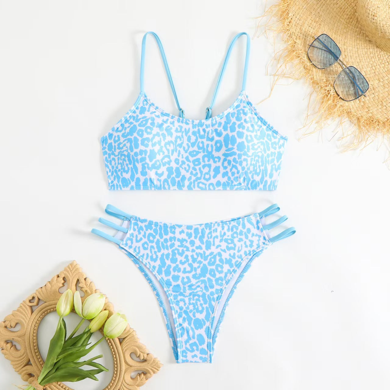 Leopard Print Neon Pink Strap Bikini Set, Crop Top & Triple Strap Cheeky Bottom, Women Animal Print Color Block Swimwear, Bold Beach Swimsuit, Black Tan Hot Pink Two Piece Bathing Suit