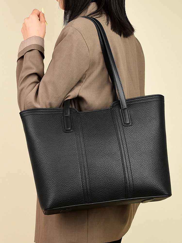 Cream Beige Leather Tote Bag with Brown Handles | Two-Tone Shoulder Bag
