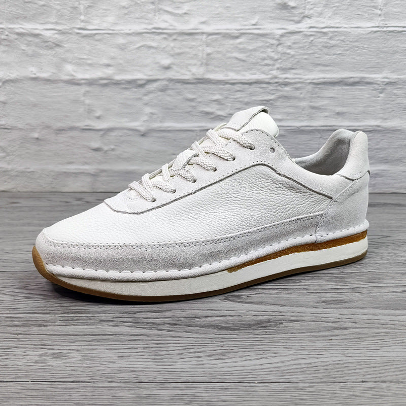 Men's White Genuine Leather Sneakers | Casual Lace-Up Low Top Shoes with Gum Rubber Sole for Everyday Comfort & Style