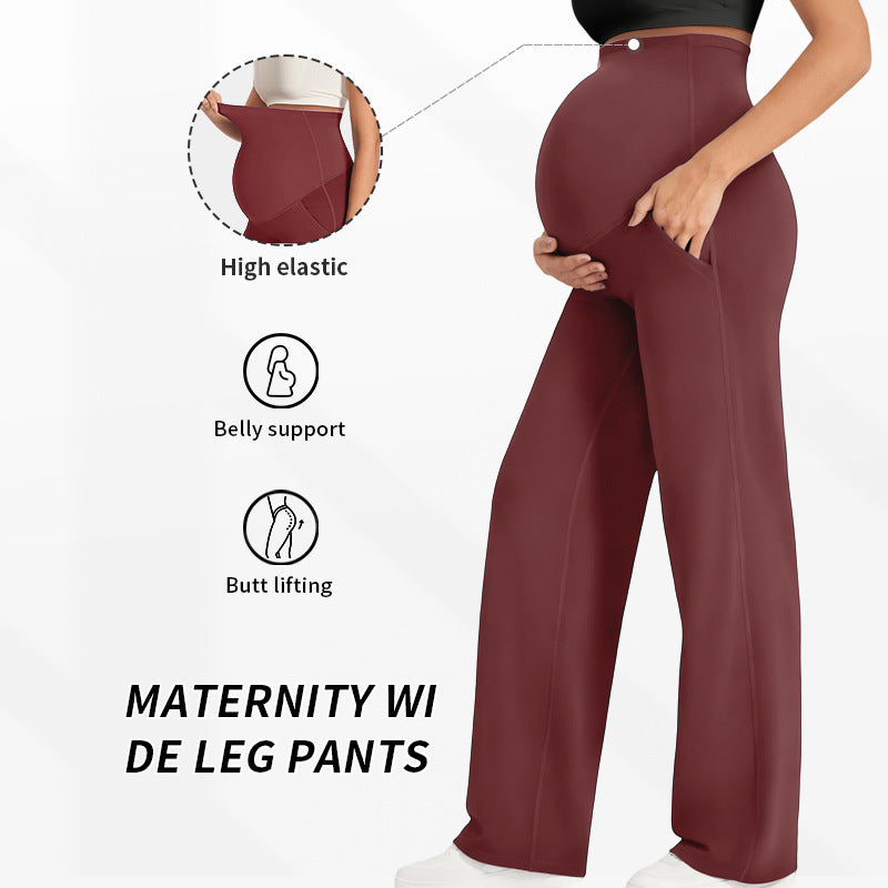 High Waist Maternity Wide Leg Pants with Pockets | Butt Lifting High Elastic Over Bump Pregnancy Trousers | Flowy Casual Lounge Pants | All Trimesters | Brown