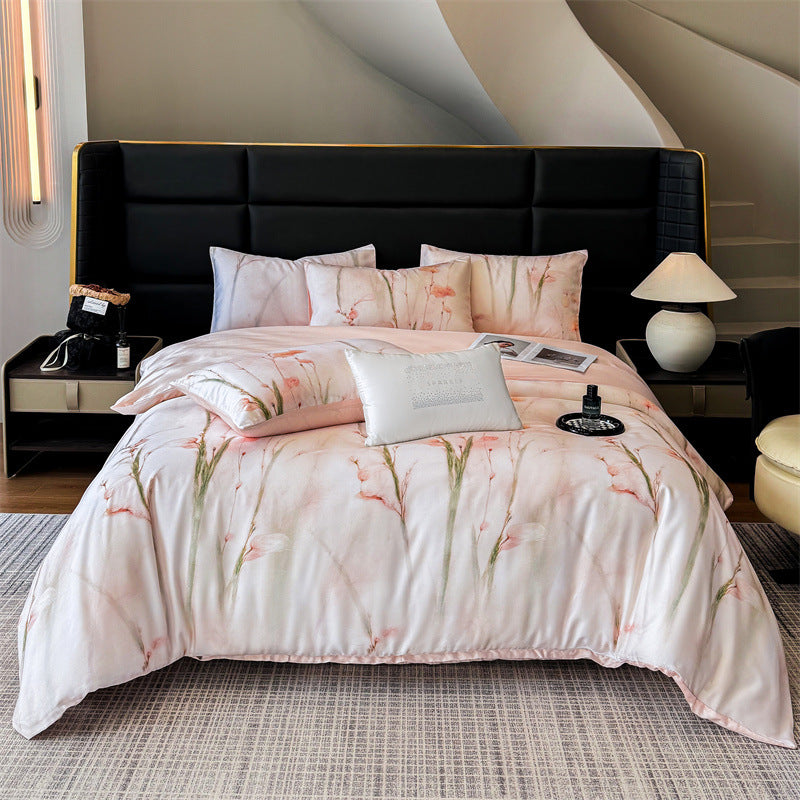Luxury Floral Satin Bedding Set - Romantic Pink Purple Botanical Print Duvet Cover with Pillowcases - Silky Soft Egyptian Cotton Style Bed Linen Set for Queen King - Elegant Bedroom Decor