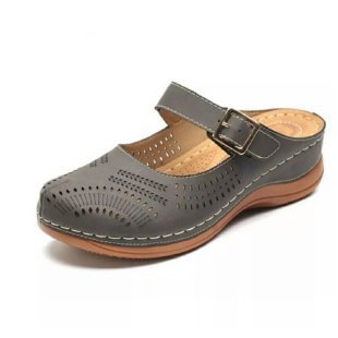 حذاء نسائي بني فاتح مفتوح من الخلف مع حزام بإبزيم، مريح للقدمين، بتصميم جلدي، سهل الارتداء