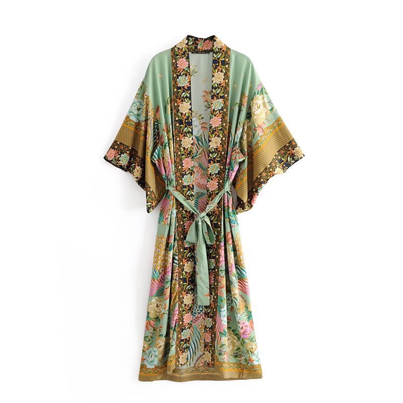 Boho Floral Peacock Print Kimono Robe for Women | Belted Long Midi Wrap Kimono Cardigan ? Beach Cover Up