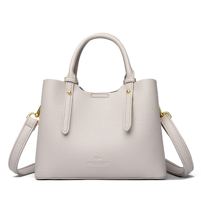 Taupe Pebbled Leather Satchel Bag - Structured Top Handle Tote with Crossbody Strap | Women's Professional Handbag with Gold Hardware