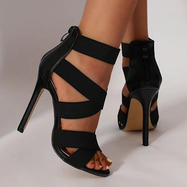 Black Strappy Stiletto Heel Sandals for Women | Elastic Band Open Toe High Heel Sandals | Zip Back Ankle Cuff Stiletto Heels | Sexy Elegant Party Evening Heels