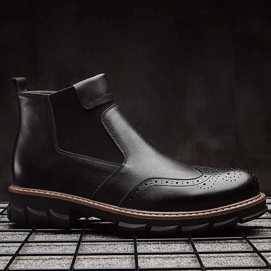 Men's Brogue Chelsea Boots | Tan Cognac Leather Slip-On Ankle Boots | Chunky Sole Dress Boots