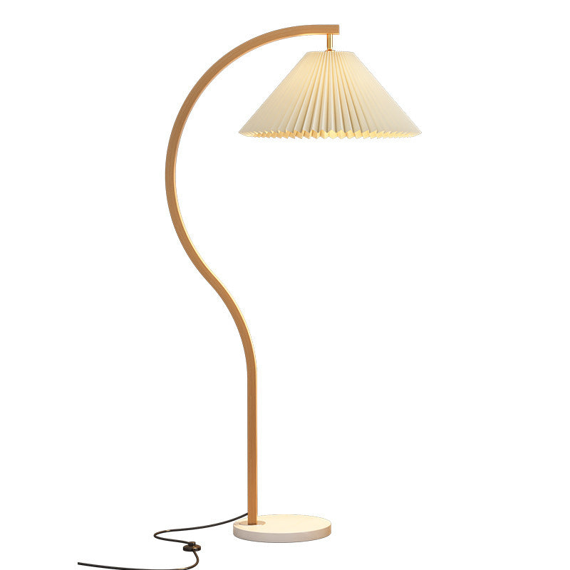 Modern Pleated Floor Lamp with Gold Curved Arc Arm Marble Base Cream Fabric Shade Standing Lamp for Living Room Bedroom and Home Decor