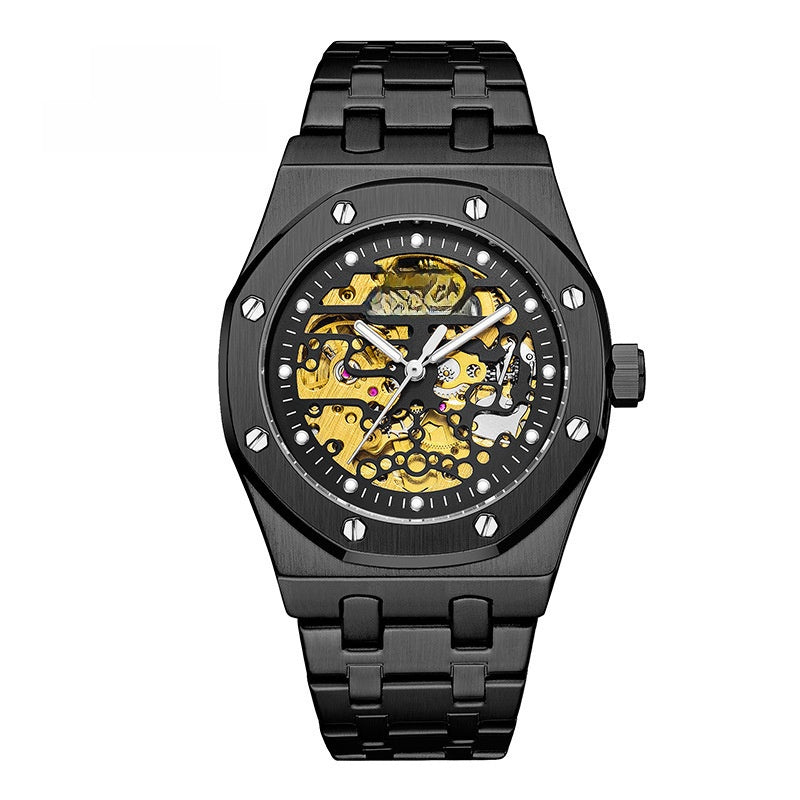 OTM Preisc Time Men's Skeleton Automatic Watch | Silver Octagonal Case Gold Movement 30M Waterproof Royal Oak Style