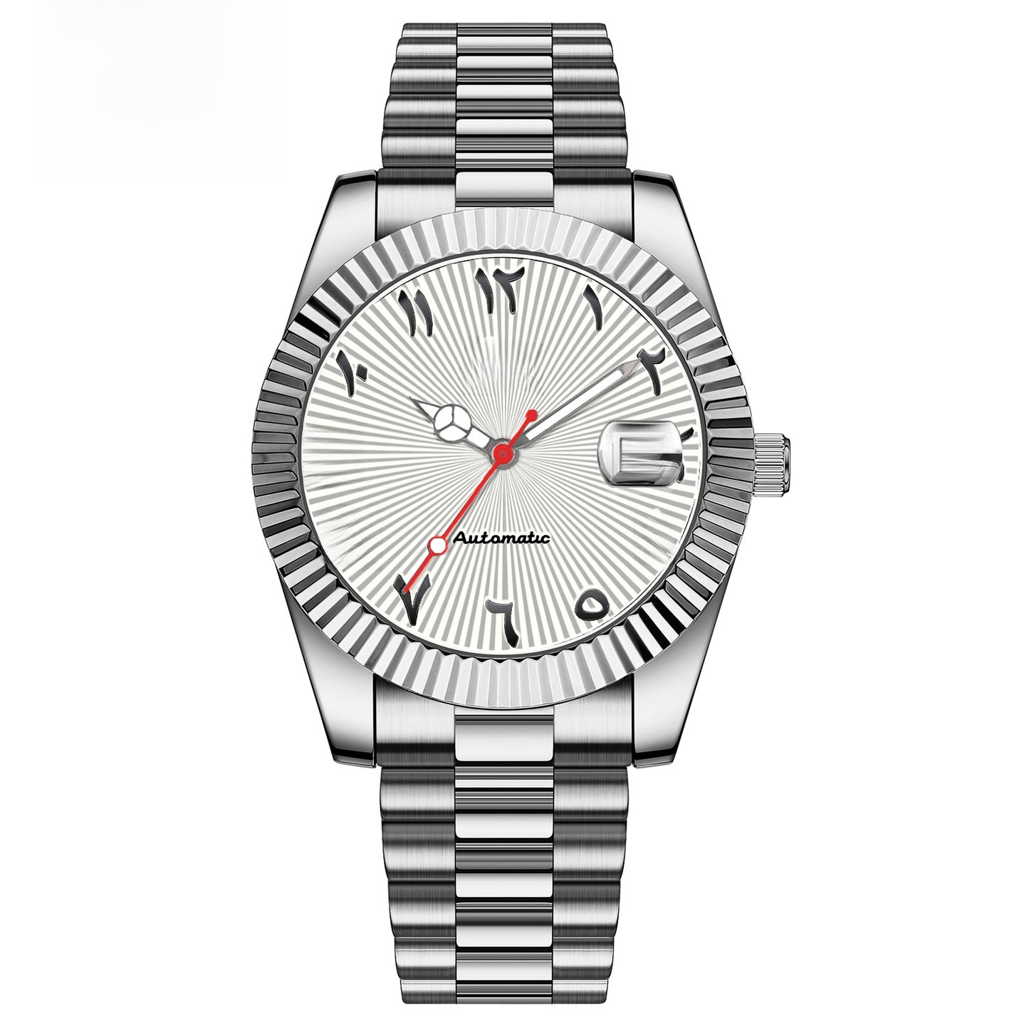 Carsikie Herrenuhr mit arabischen Ziffern | Schwarzes Zifferblatt mit Sonnenschliff | Geriffelte Lünette im Präsidentenstil | Tag- und Datumsanzeige | Silberne Edelstahluhr