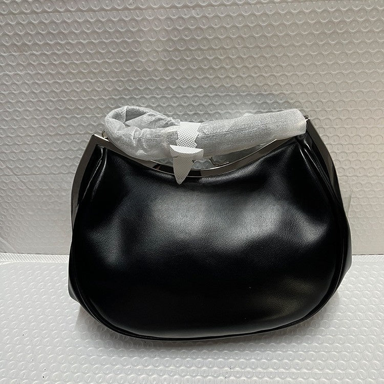Black Leather Silver Frame Clasp Shoulder Bag Vivienne Westwood Style Hobo Clutch | Women Luxury Designer Inspired Evening Party Handbag Purse