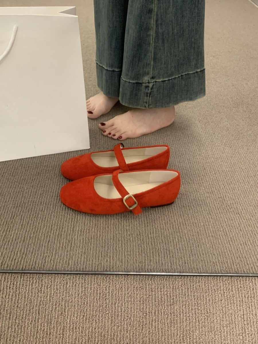 Colorful Suede Mary Jane Flats for Women | Multi Color Ballet Flats with Buckle Strap | Round Toe Flat Shoes | Available in Red Green Yellow Blue Pink Tan | Cute Everyday Flats