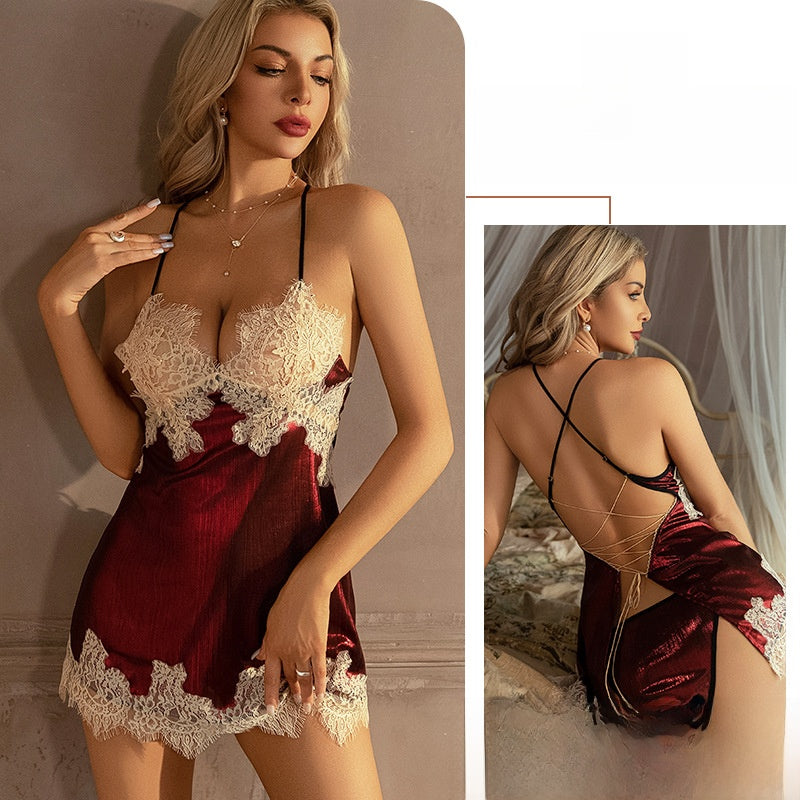 Women's Black Satin Champagne Lace Trim Chemise Nightgown | Sexy Lace-Up Criss Cross Open Back Slip Dress | Luxury Boudoir Sleepwear Lingerie