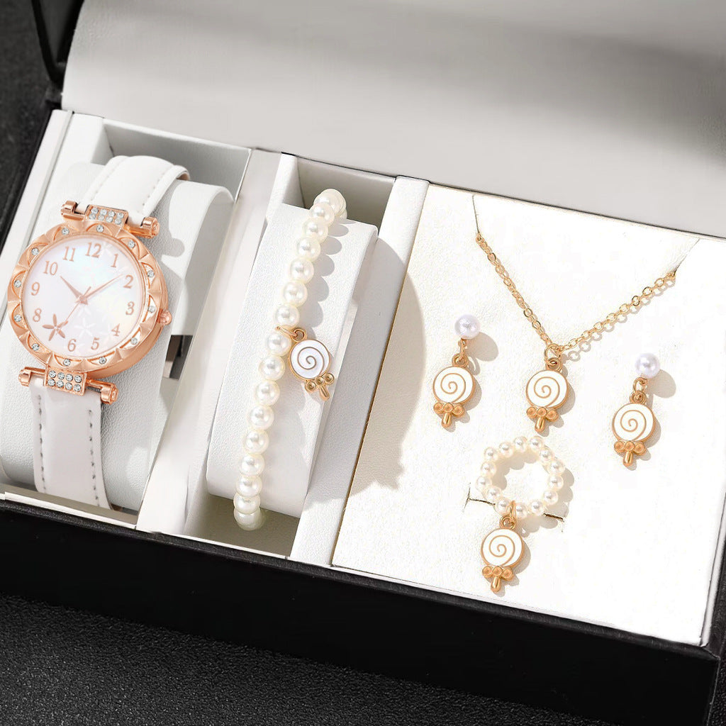 Women's Rose Gold Diamond Watch & Pearl Jewellery Gift Set | 6 Piece White Leather Strap Watch Necklace Earring Bracelet Ring Set