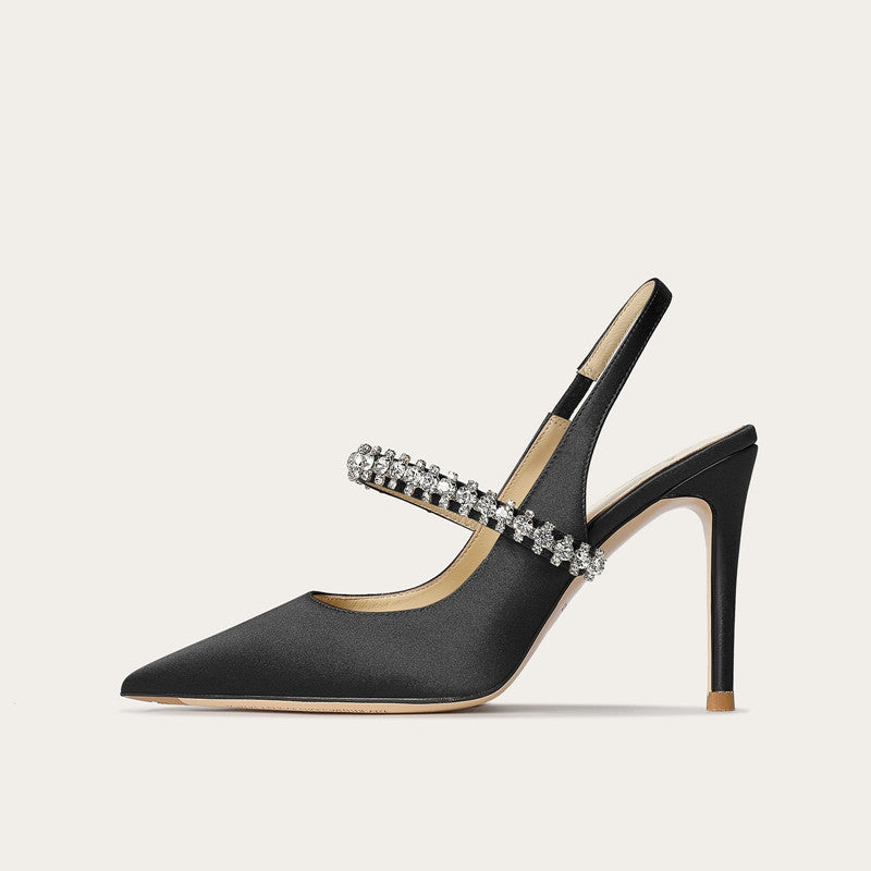 Silver Satin Rhinestone Strap Slingback Stiletto Heels for Women | Crystal Embellished Pointed Toe High Heel Pumps | Luxury Bridal Wedding Evening Heels | Designer Inspired Jewel Strap Heels