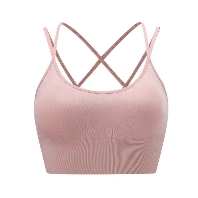Women's White Strappy Criss Cross Back Sports Bra with Spaghetti Straps, Padded Yoga Bra for Gym and Workout