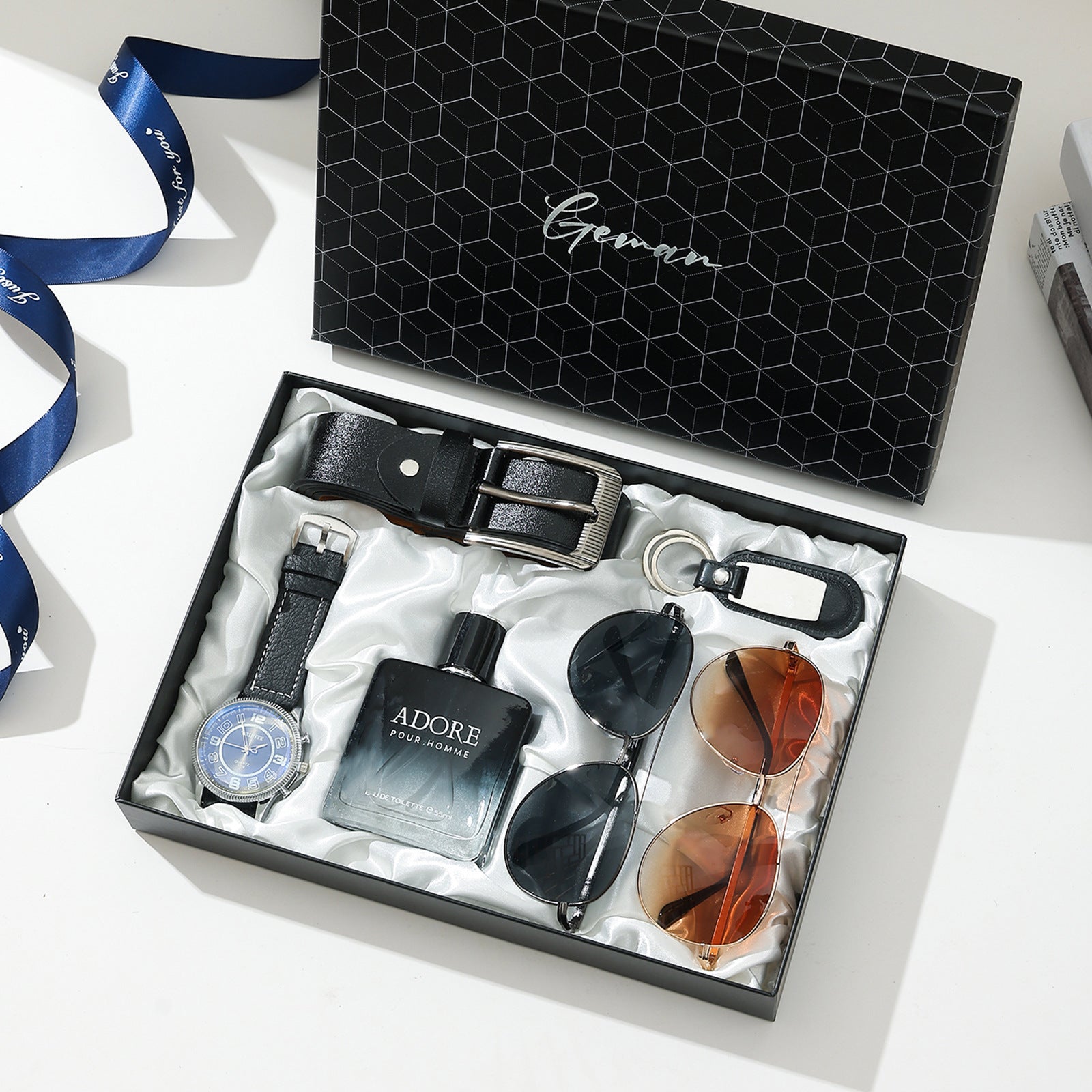 Geman Men's Luxury Gift Set – 6-Piece Black Leather Belt, Wallet, Watch, Bracelet, Keychain & Pen Box Set | Premium Men's Gift