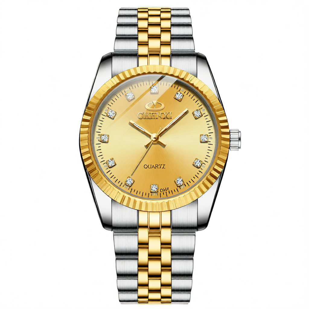 Chenxi His & Hers Couple Watch Set | Gold Dial Crystal Markers Fluted Bezel | Two-Tone Quartz Watches Gift Set