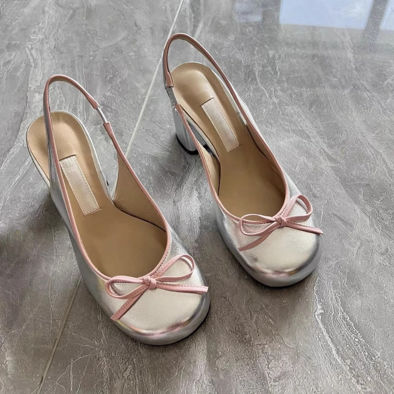 Women's Silver Metallic Slingback Block Heel Shoes | Pink Bow Detail | Ballet Inspired Mid Heel for Women