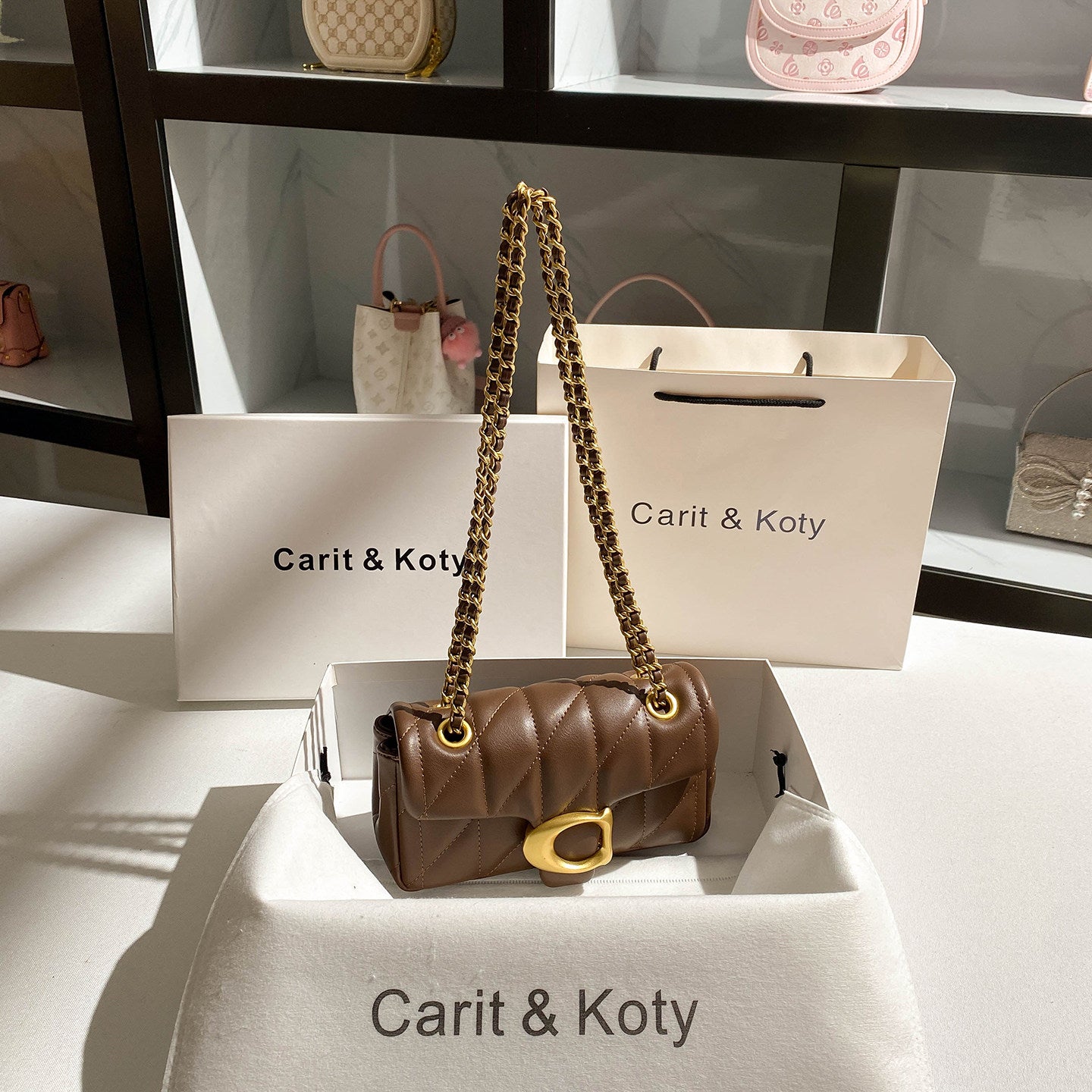 Brown Quilted Leather Shoulder Bag - Designer Inspired Flap Bag with Chain Strap | C Clasp Crossbody with Gold Hardware