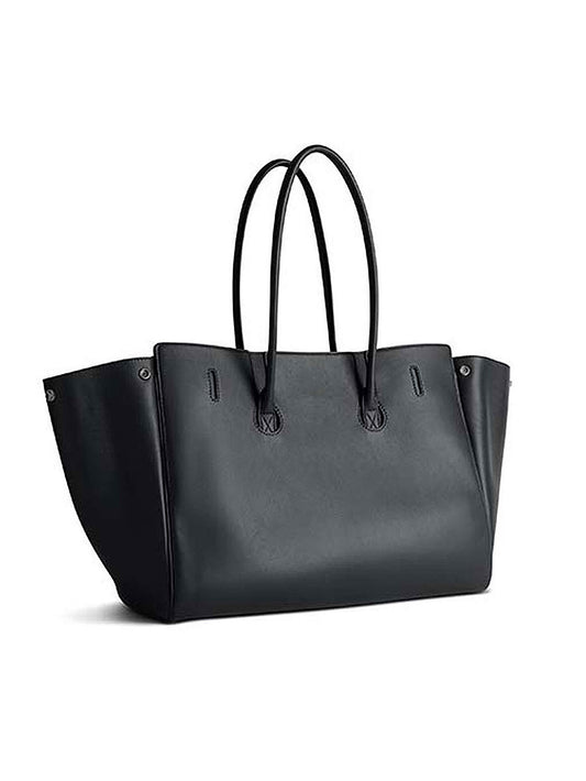 Black Leather Tote Bag with Front Pockets & Silver Hardware | Structured Handbag
