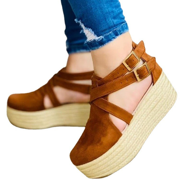 Tan Brown Suede Cross Strap Espadrille Platform Sandals for Women | Double Buckle Ankle Strap Wedge Flatform Sandals | Boho Rope Sole Summer Sandals | Casual Chic Platform Wedge Shoes