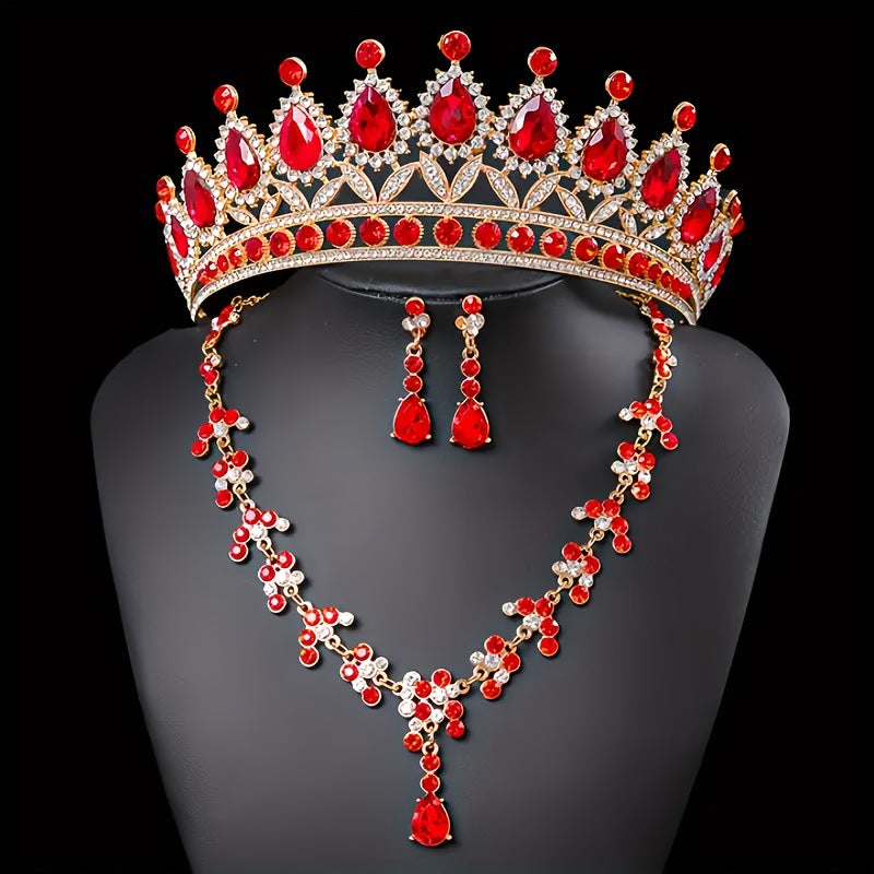Bridal Crown Jewelry Set | Crystal Tiara Necklace & Earrings | Wedding Queen Accessories