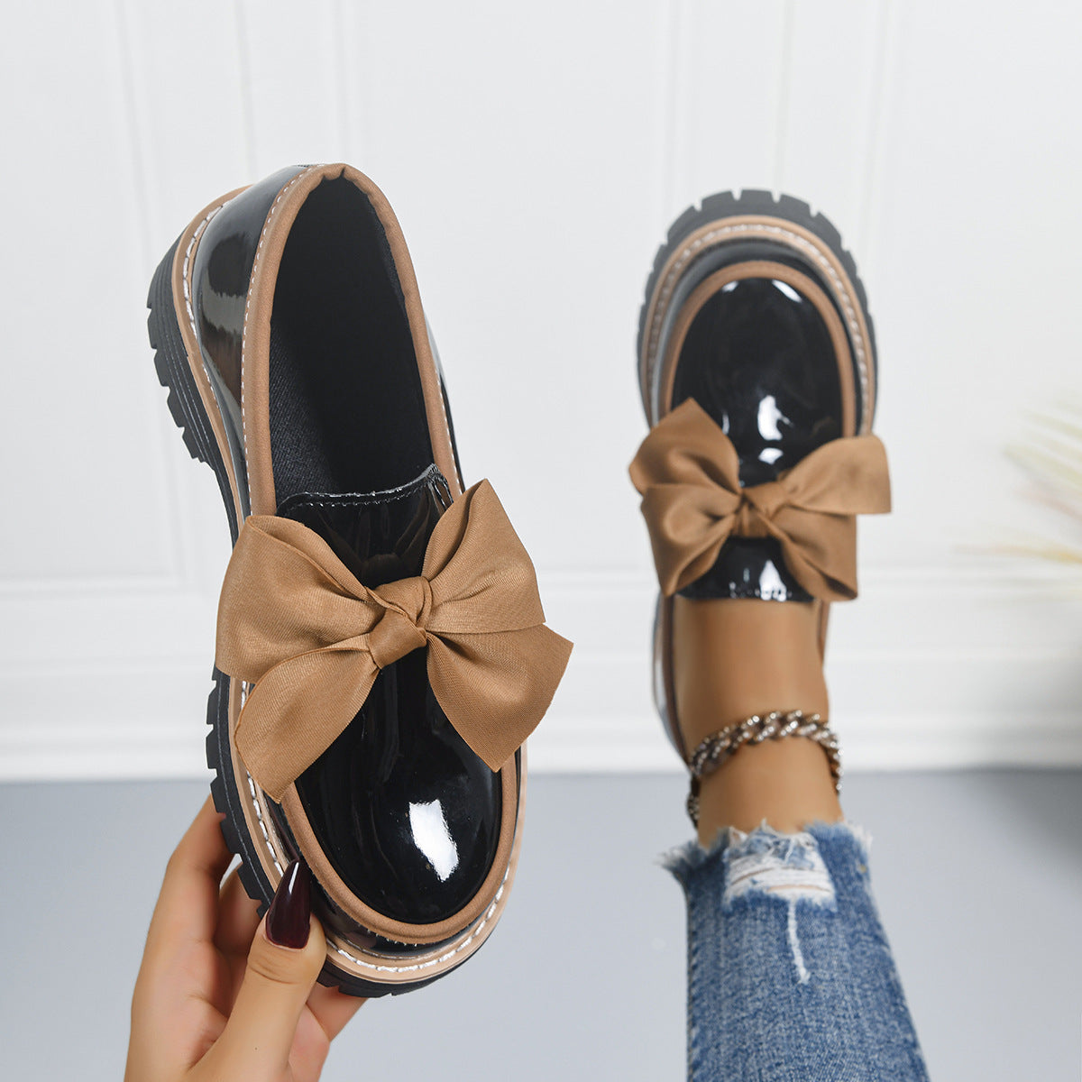 Women's Green Patent Leather Bow Platform Loafers ? Chunky Lug Sole Slip-On Shoes with Ribbon Bow Detail