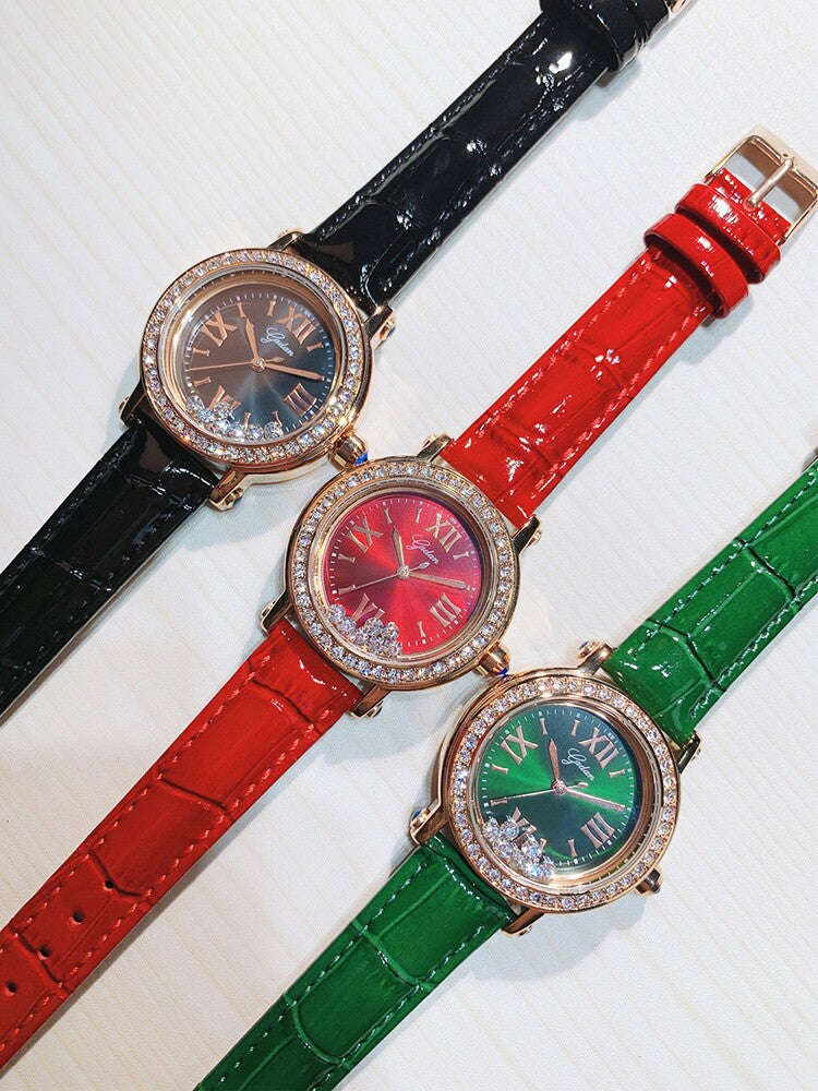 Godan Women's Rose Gold Green Watch | Emerald Dial Floating Diamond Crystal Bezel Roman Numeral Luxury Quartz Watch
