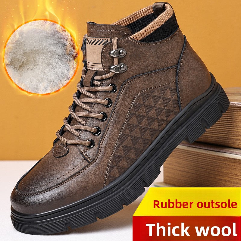 Men's Black High Top Leather Boots | Quilted Lace Up Ankle Boot Chunky Sole | Winter Casual Outdoor Fashion Boot