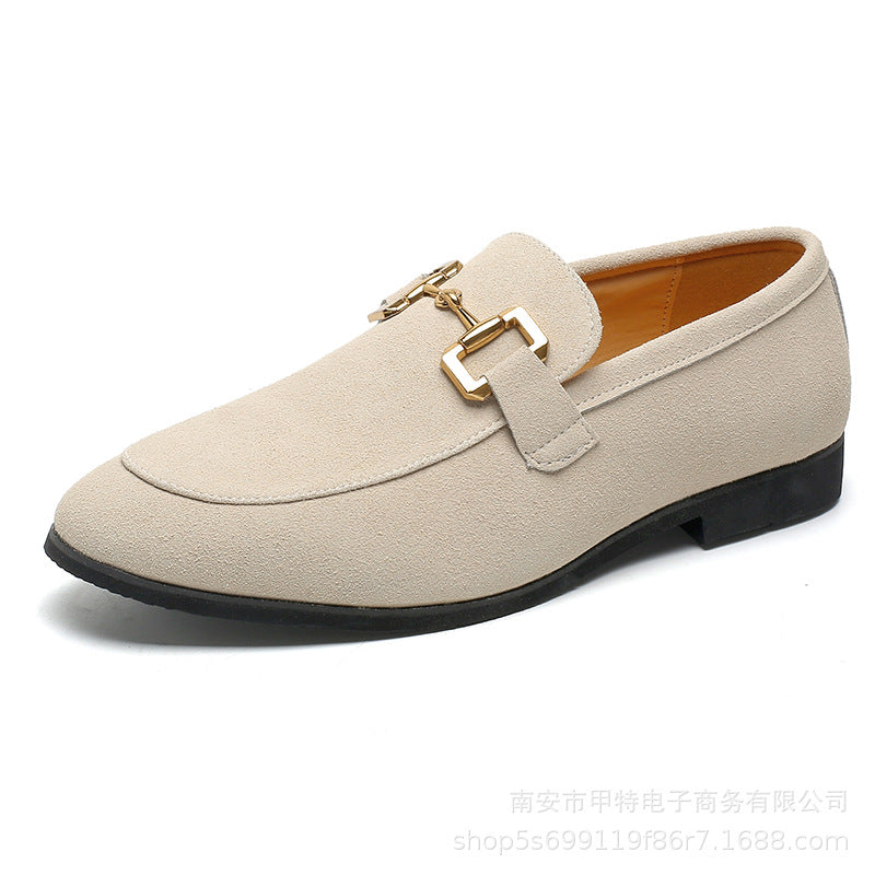 Beige Suede Horsebit Loafers for men| Gold Chain Slip-On Flat Shoes | Elegant Office Casual Footwear