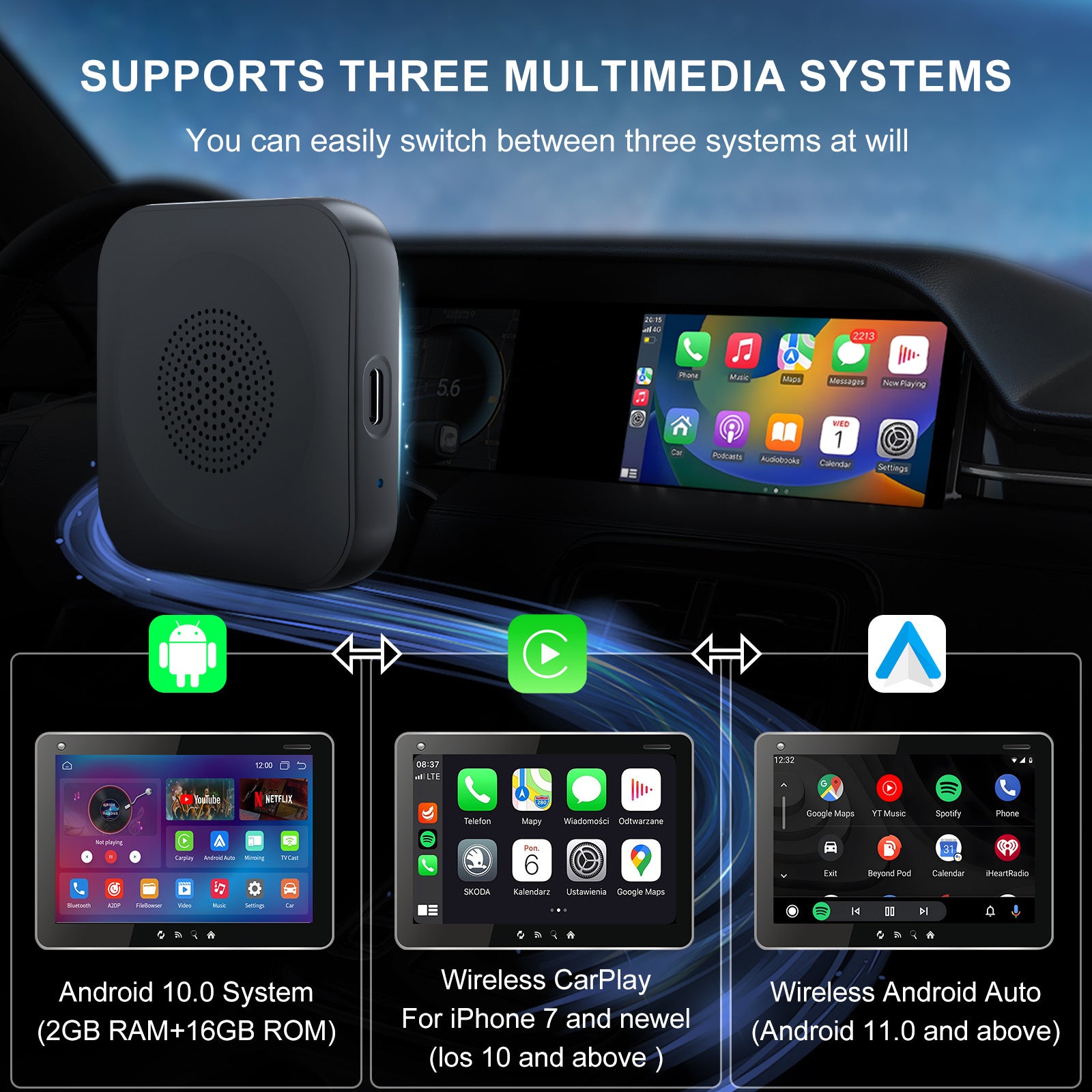 AI Box Wireless CarPlay Android Auto Adapter USB-C Dongle Smart Car Box Convert Wired to Wireless Apple CarPlay Android Auto Netflix YouTube Streaming for Car Screen iPhone Android 2024