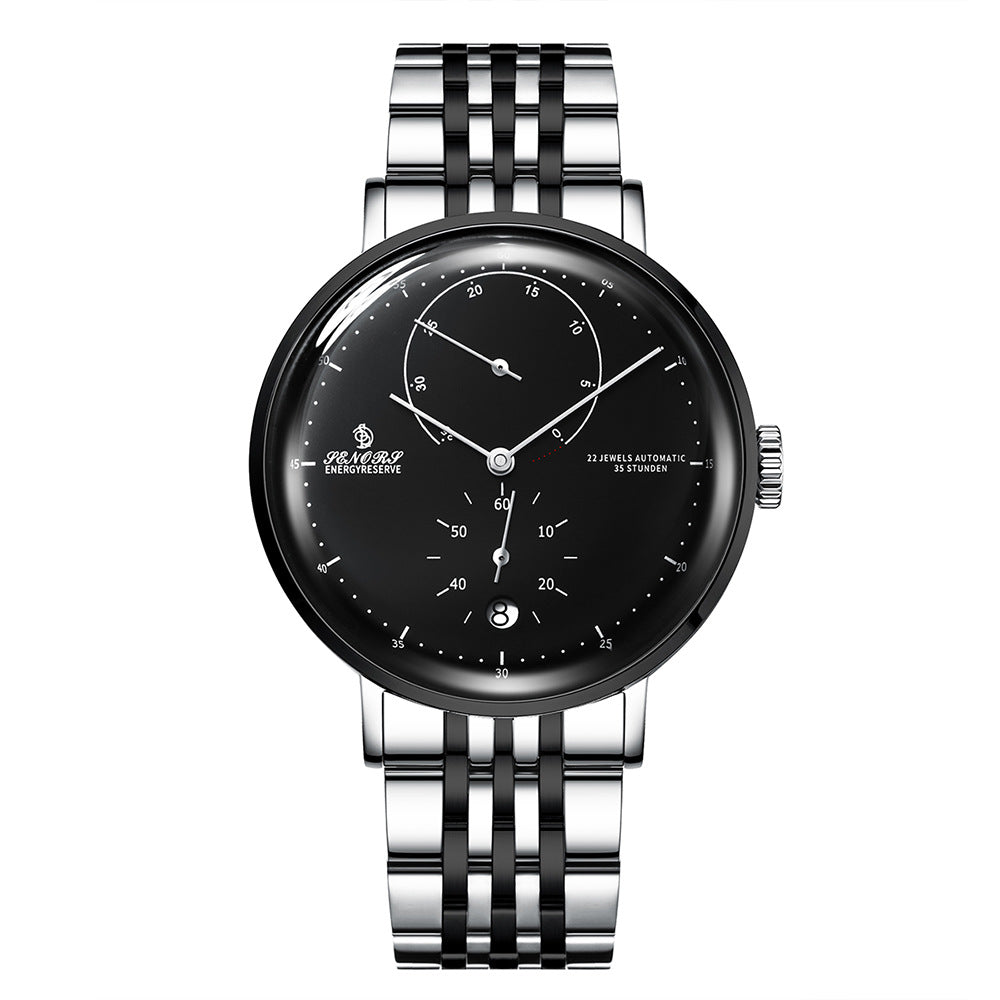 JENORS Energy Reserve Men's Automatic Watch | Black Starfield Dial 22 Jewels Power Reserve Indicator Silver Steel Luxury Timepiece